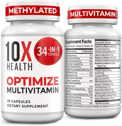 10X Health Optimize Methylated Multivitamin - 90 Capsules, 34 in 1 Formula with 800 mcg of Vitamin B12 - Methylated Multivitamin for Men & Women with 5 - MTHF, NAC, Methyl B Complex - MTHFR Supplement - Wholesale Rabbits