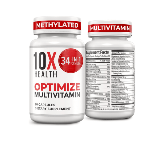 10X Health Optimize Methylated Multivitamin - 90 Capsules, 34 in 1 Formula with 800 mcg of Vitamin B12 - Methylated Multivitamin for Men & Women with 5 - MTHF, NAC, Methyl B Complex - MTHFR Supplement - Wholesale Rabbits