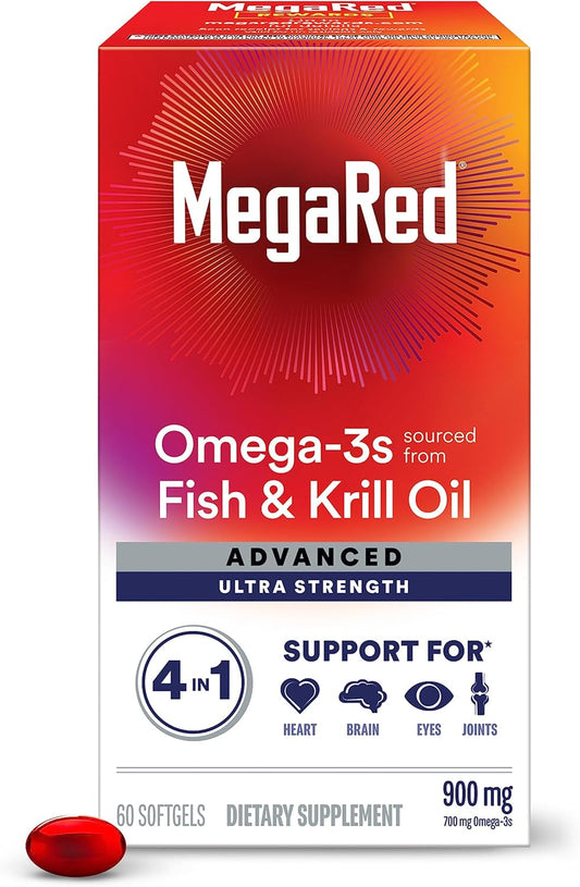 Megared Omega - 3 Fish & Krill Oil Supplement 900mg - MegaRed Advanced 4in1, 60 softgels, 2x More Omega - 3, Heart, Joint, Brain and Eye Supplement, Red, 60 Count - Wholesale Rabbits