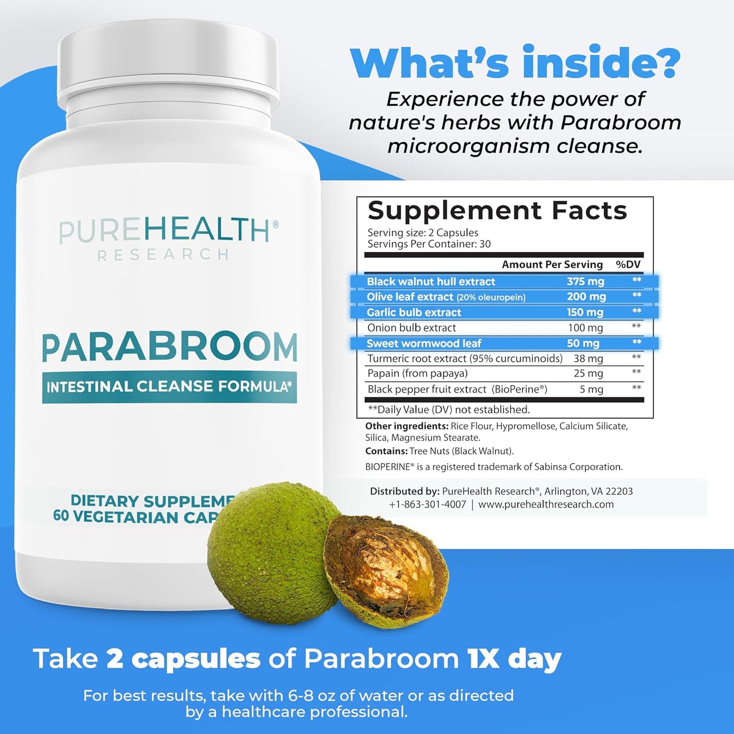 PUREHEALTH RESEARCH Parabroom - Gut Cleanse & Health Supplement - with Black Walnut, Sweet Wormwood Powder, Turmeric Extract, Olive Leaf, Garlic & Onion - Digestive Support for Women & Men 60 Capsules - Wholesale Rabbits