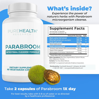 PUREHEALTH RESEARCH Parabroom - Gut Cleanse & Health Supplement - with Black Walnut, Sweet Wormwood Powder, Turmeric Extract, Olive Leaf, Garlic & Onion - Digestive Support for Women & Men 60 Capsules - Wholesale Rabbits