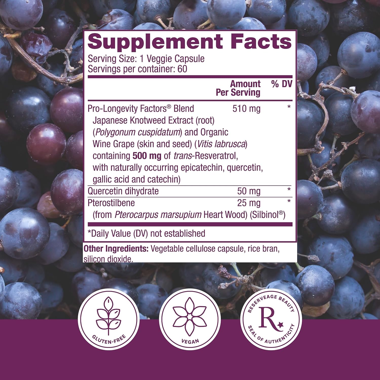 Reserveage Beauty, Resveratrol 500 mg with Pterostilbene, Antioxidant Supplement for Immune Support & Heart Health, Supports Healthy Aging, Paleo, Keto, 60 Capsules (60 Servings) - Wholesale Rabbits