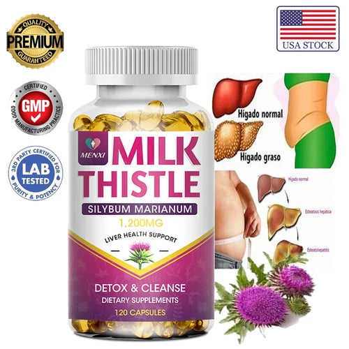 Milk Thistle Liver Detox Supplement 1000mg Silymarin 120 Cap Liver Kidney Health